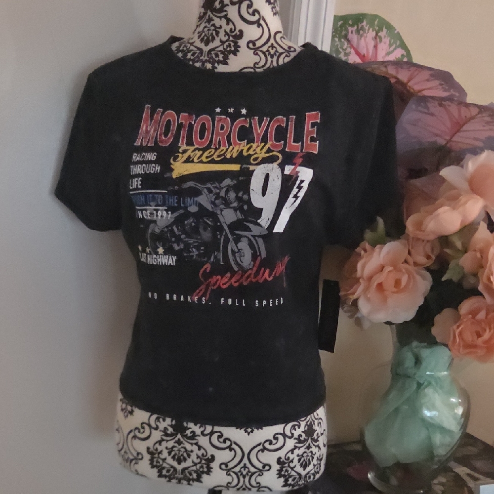 Derek Heart Black Motorcycle Graphic Tee with Red, Yellow & White Accents